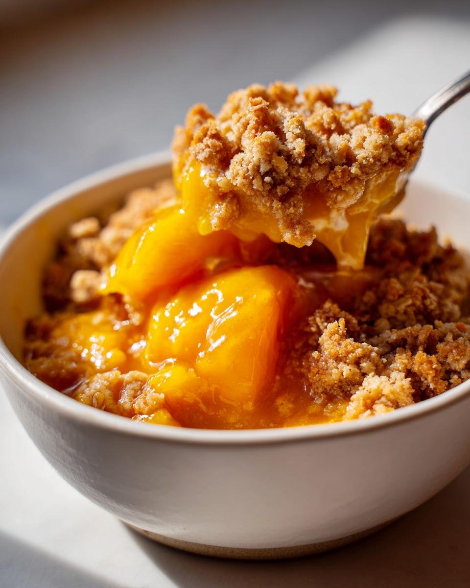 A spoonful of warm, saucy peaches and crunchy topping from Not Your Average Peach Crisp being lifted from a white bowl.