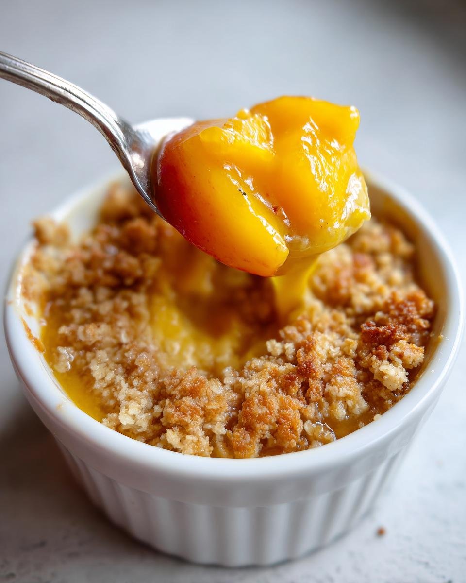 A spoonful of warm, syrupy peaches being lifted from a ramekin of Not Your Average Peach Crisp.