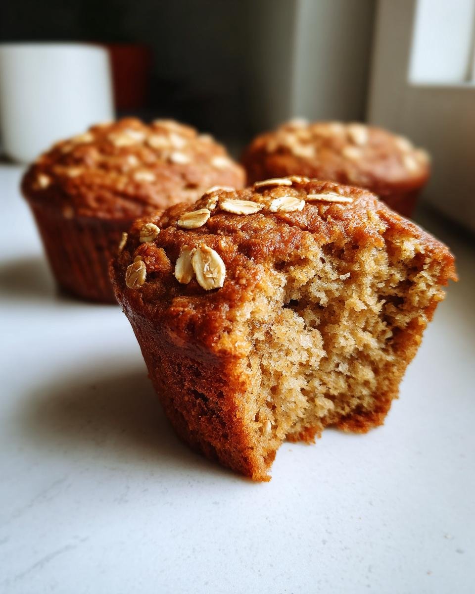 A close-up of a freshly baked Oatmeal Muffin with a bite taken out, showing the moist crumb and oat topping.
