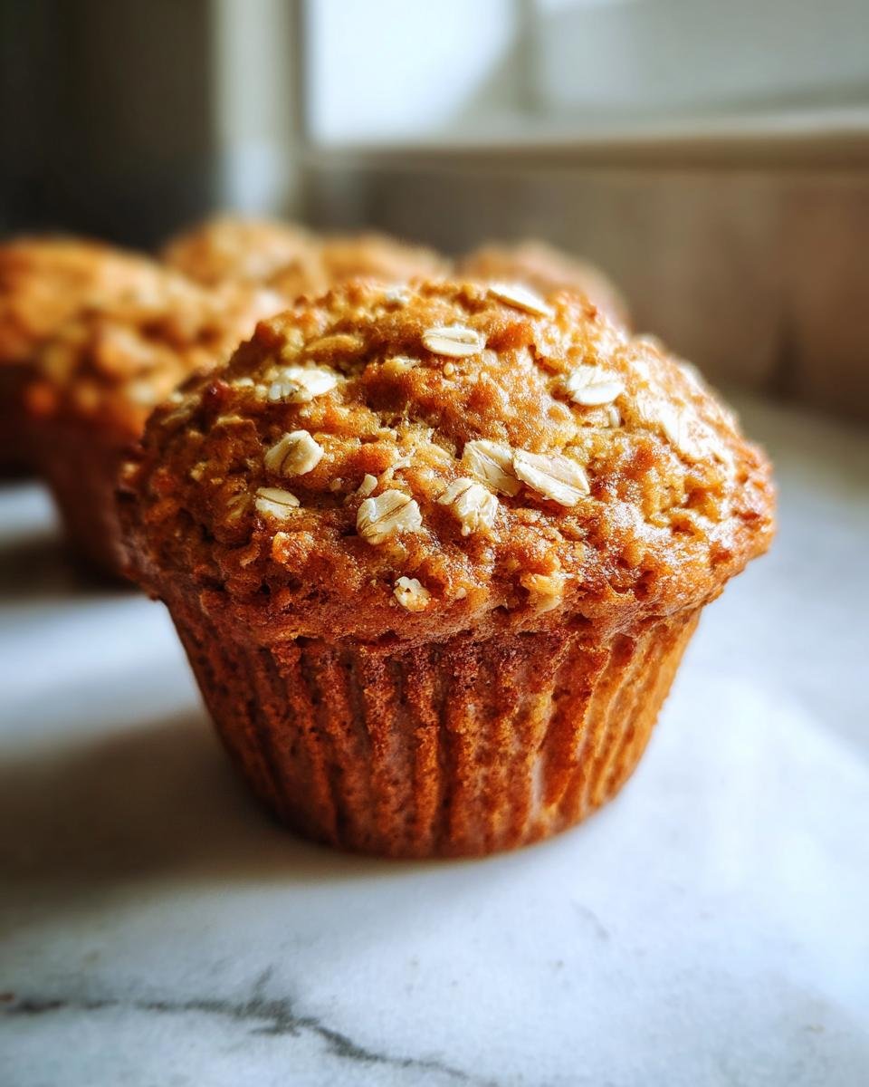 A close-up, shallow depth-of-field photo of a golden brown Oatmeal Muffin topped with rolled oats.