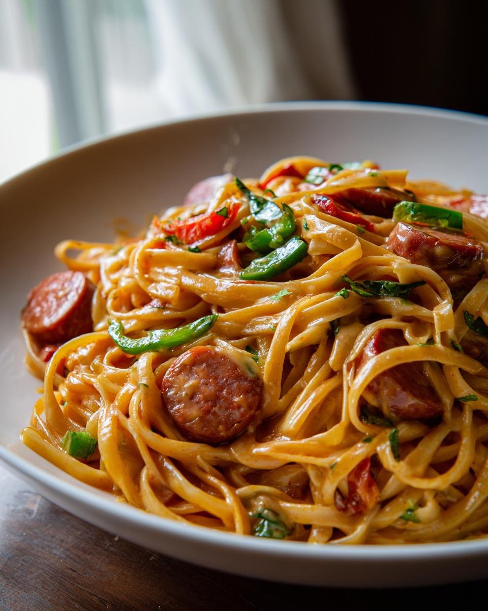 A close-up of a bowl filled with One Pot Creamy Cajun Pasta Delight featuring linguine, sliced sausage, and green peppers.