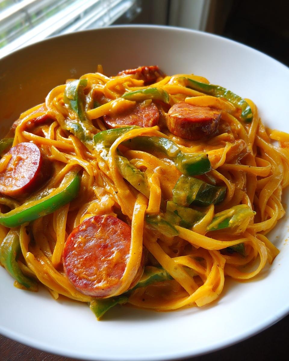 Close-up of One Pot Creamy Cajun Pasta Delight featuring fettuccine, sliced smoked sausage, and green bell peppers in a rich sauce.