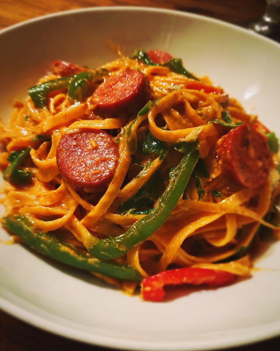 Close-up of One Pot Creamy Cajun Pasta Delight featuring linguine, sliced andouille sausage, and green bell peppers.
