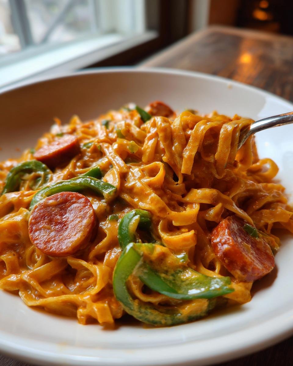 A fork lifts creamy, orange-sauced fettuccine pasta mixed with sliced sausage and green bell peppers in a bowl of One Pot Creamy Cajun Pasta Delight.
