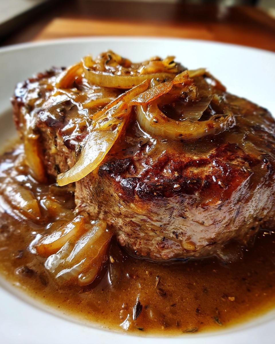 A juicy, seared steak generously covered in rich Onion Gravy Smothered Steak and caramelized onions.