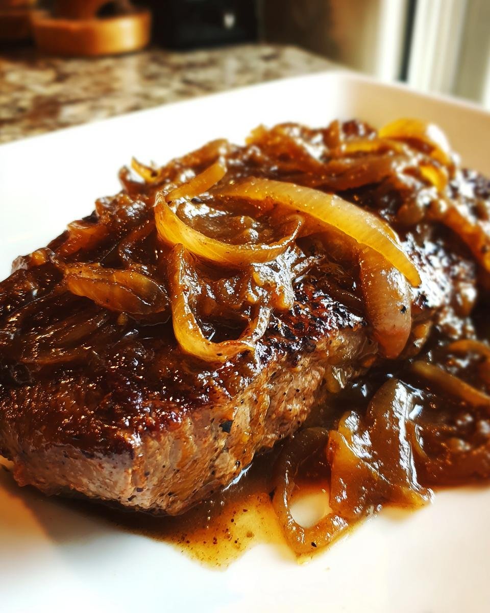 Close-up of a perfectly cooked steak smothered in rich, caramelized onion gravy.