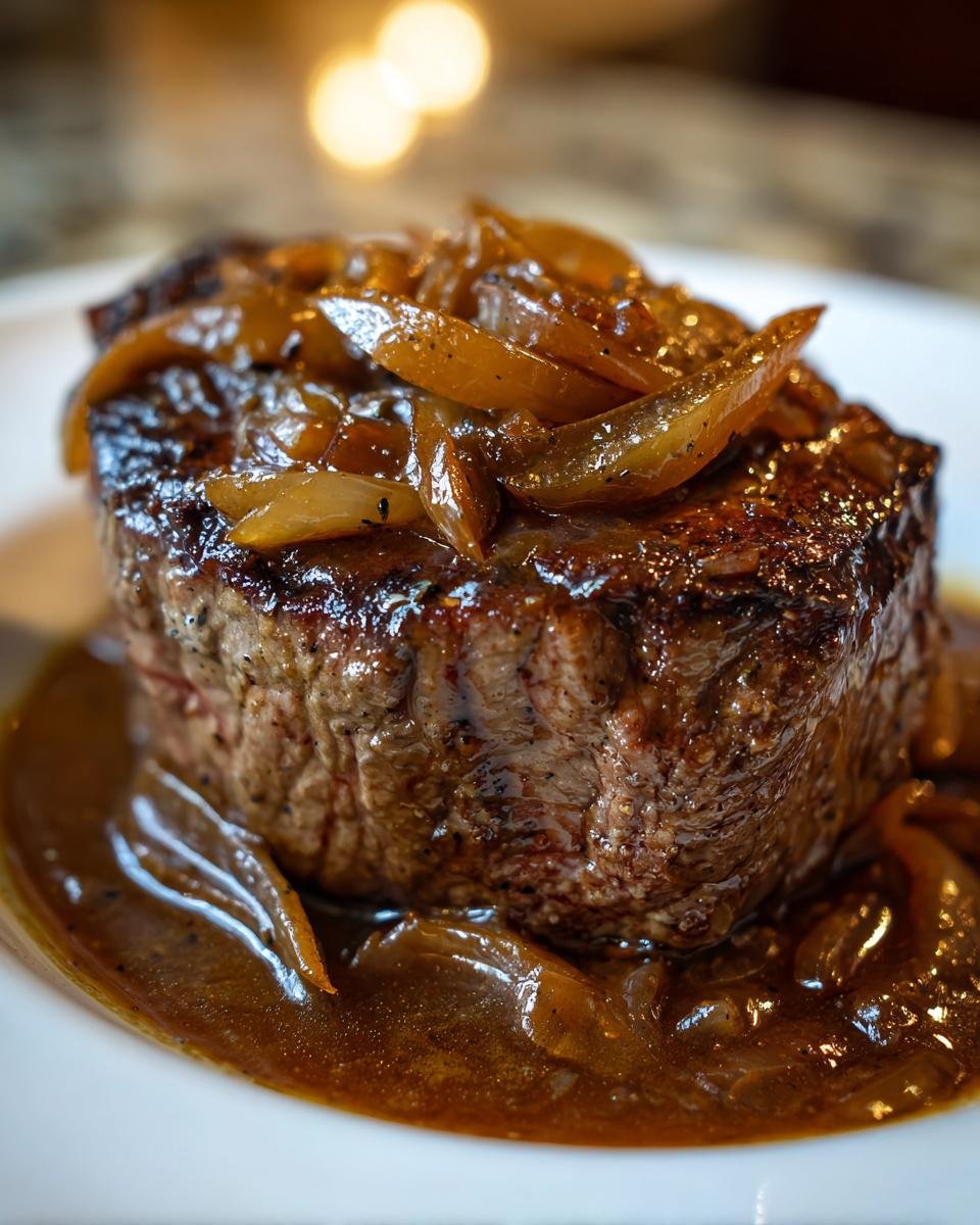 A thick, perfectly cooked steak smothered in rich brown Onion Gravy Smothered Steak and caramelized onions.
