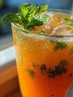 Close-up of a fizzy, orange Papaya Mint Julep Mocktail garnished with fresh mint sprigs.
