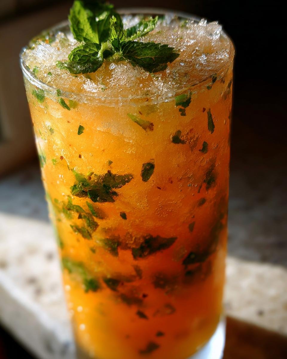 Close-up of a tall glass filled with a bright orange Papaya Mint Julep Mocktail, crushed ice, and fresh mint leaves.