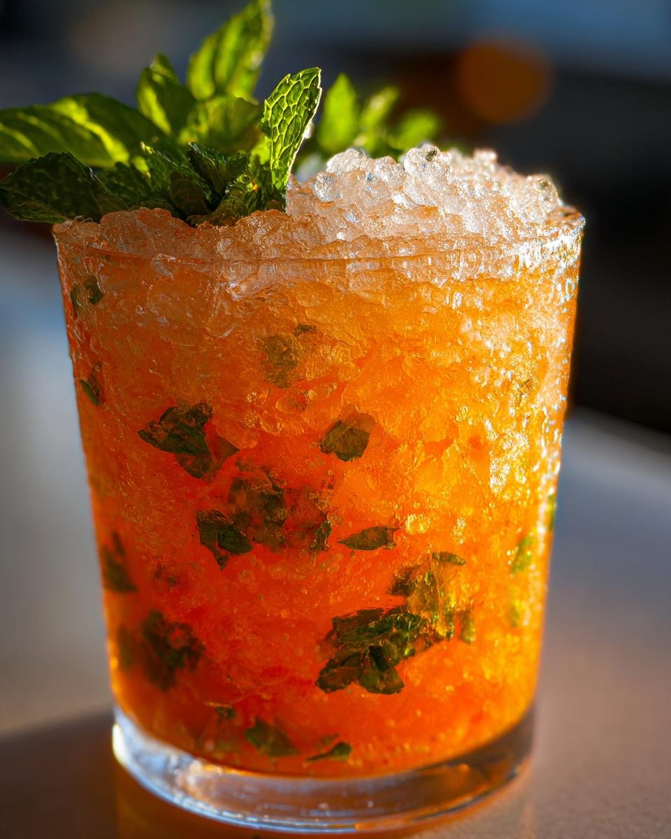 Close-up of a bright orange Papaya Mint Julep Mocktail topped with crushed ice and fresh mint sprigs.