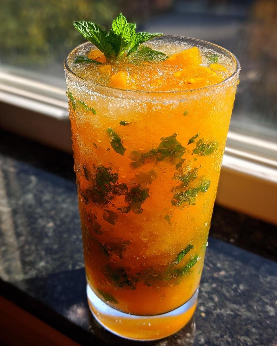 A tall glass filled with a bright orange, icy Papaya Mint Julep Mocktail garnished with fresh mint.