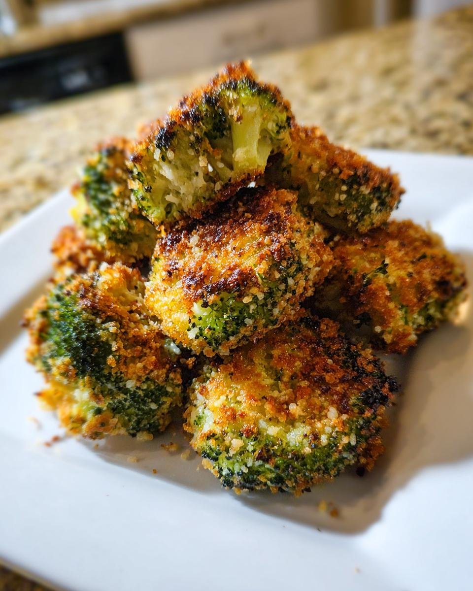 Close-up of crispy, golden brown Parmesan Crusted Broccoli Bites piled on a white plate.