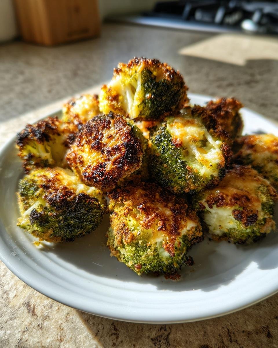 A pile of crispy, golden Parmesan Crusted Broccoli Bites stacked on a white plate.