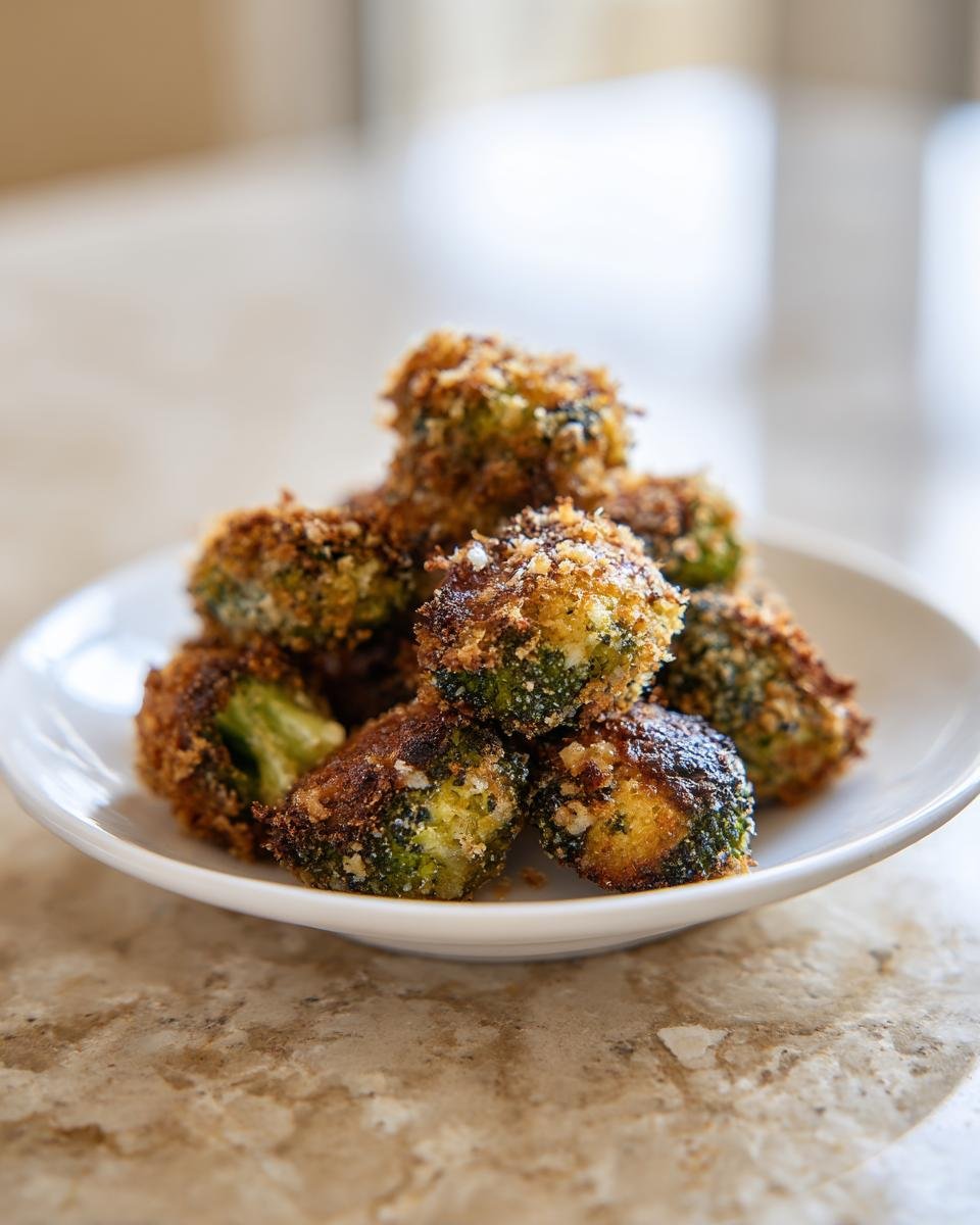 A small white plate piled high with crispy, golden brown Parmesan Crusted Broccoli Bites.