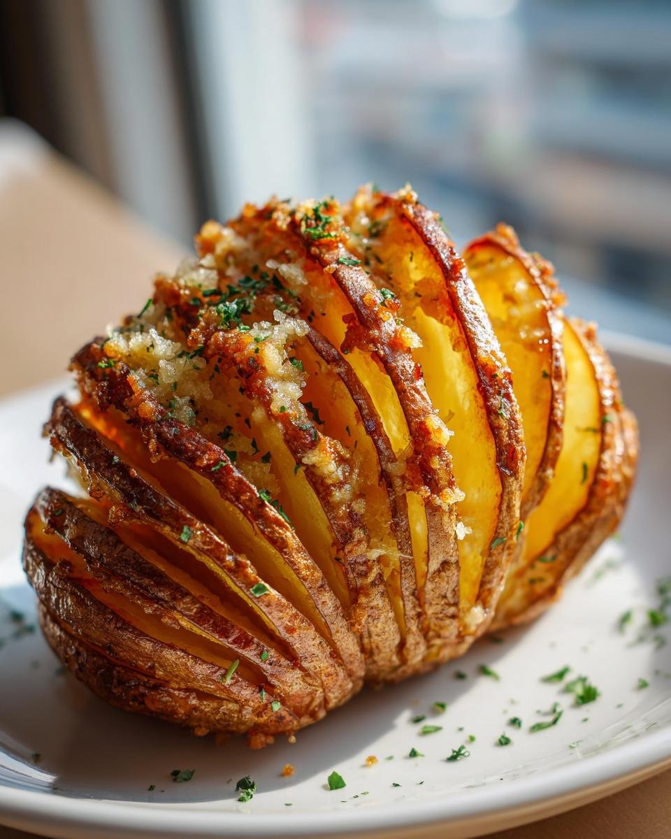 A single, perfectly baked Parmesan Garlic Hasselback Potato topped with melted cheese and fresh parsley.