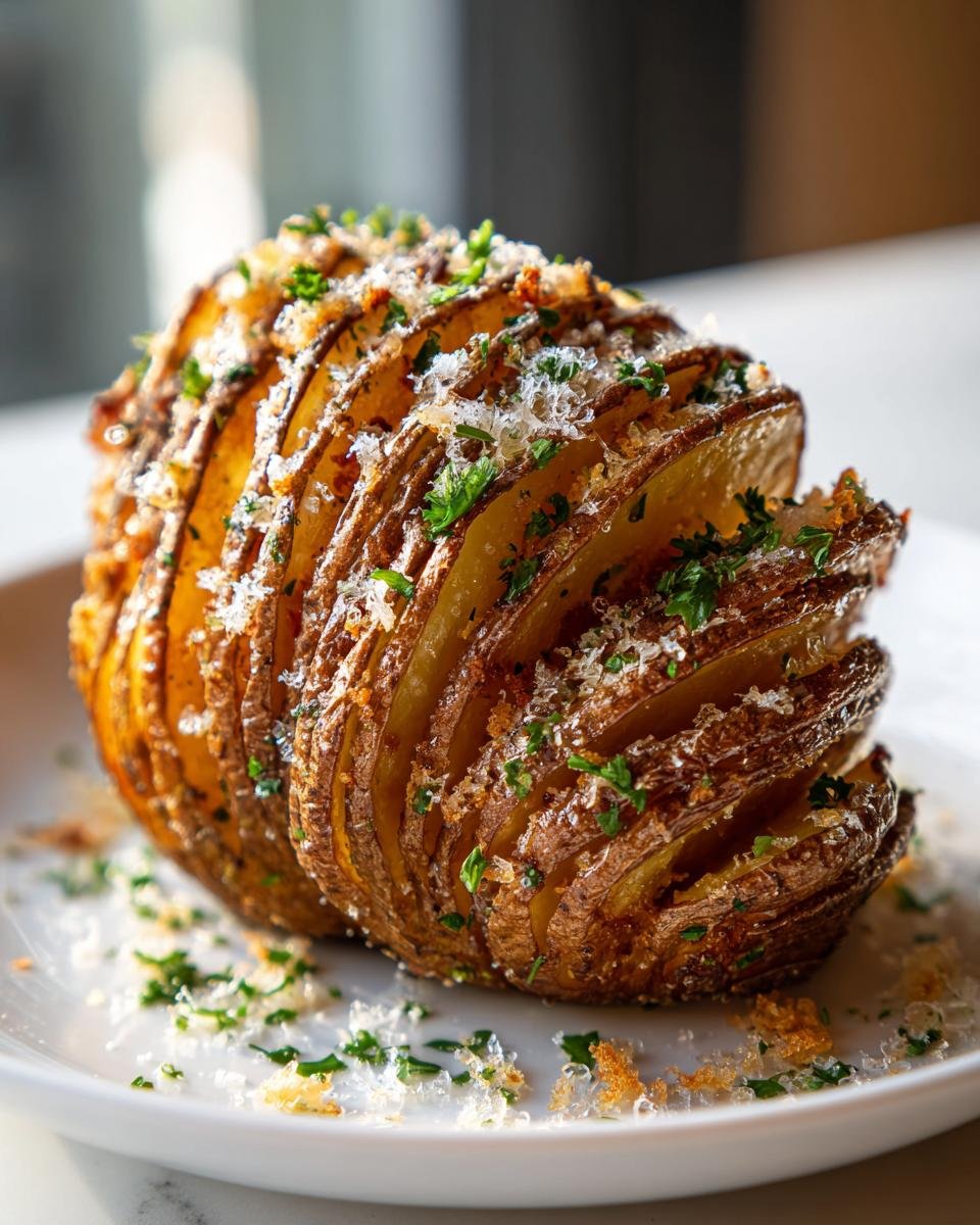 A perfectly baked Hasselback potato topped with grated Parmesan cheese and fresh parsley for an Irresistible Parmesan Garlic Hasselback Potatoes Recipe.