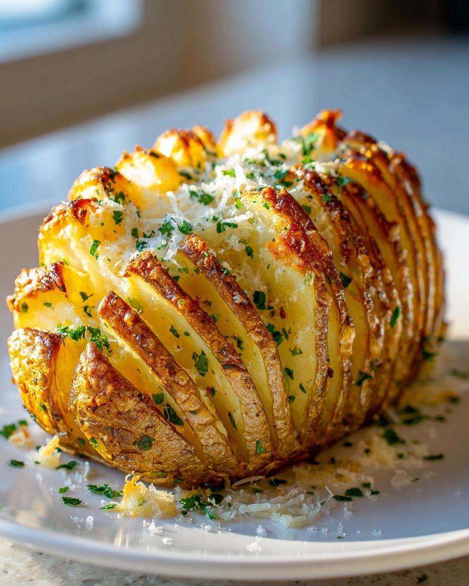 A golden brown, fully baked Parmesan Garlic Hasselback Potatoes, sliced and topped with grated cheese and parsley.