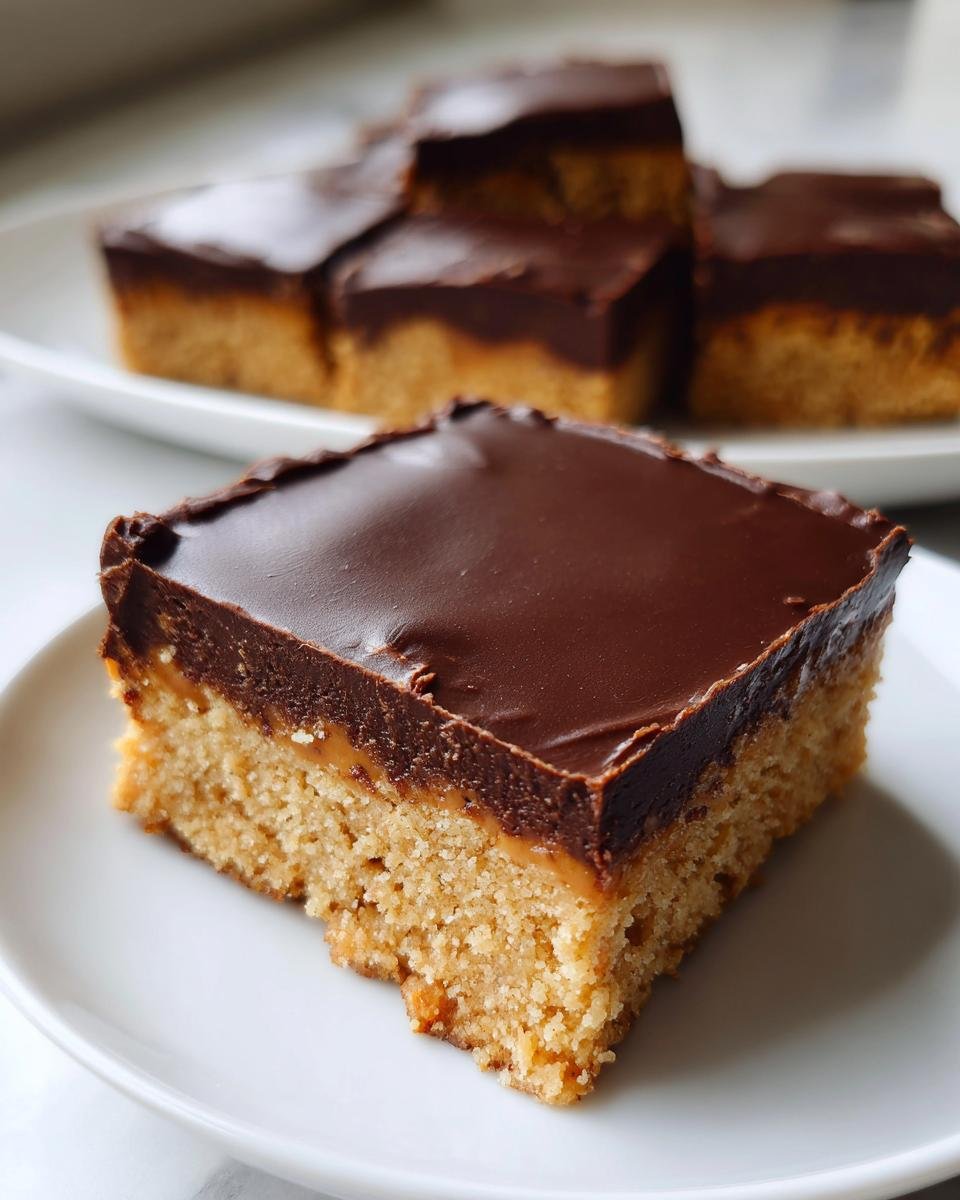 A close-up of one square of Peanut Butter Bars with a thick peanut butter base and a smooth chocolate topping.