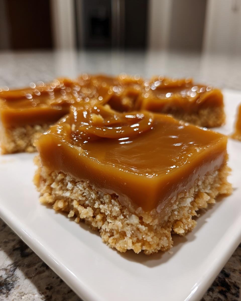 A close-up of a square Peanut Butter Caramel Bars slice showing a thick, shiny caramel topping over a crumbly base.