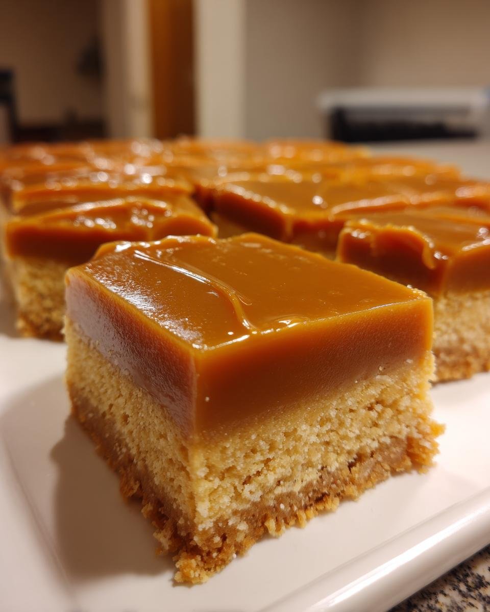 A close-up of a square slice of Peanut Butter Caramel Bars showing a thick, glossy caramel top layer over a crumbly peanut butter base.
