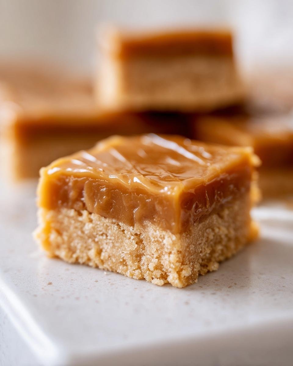 A close-up, macro shot of one square of rich Peanut Butter Caramel Bars showing the crumbly base and thick, glossy caramel topping.