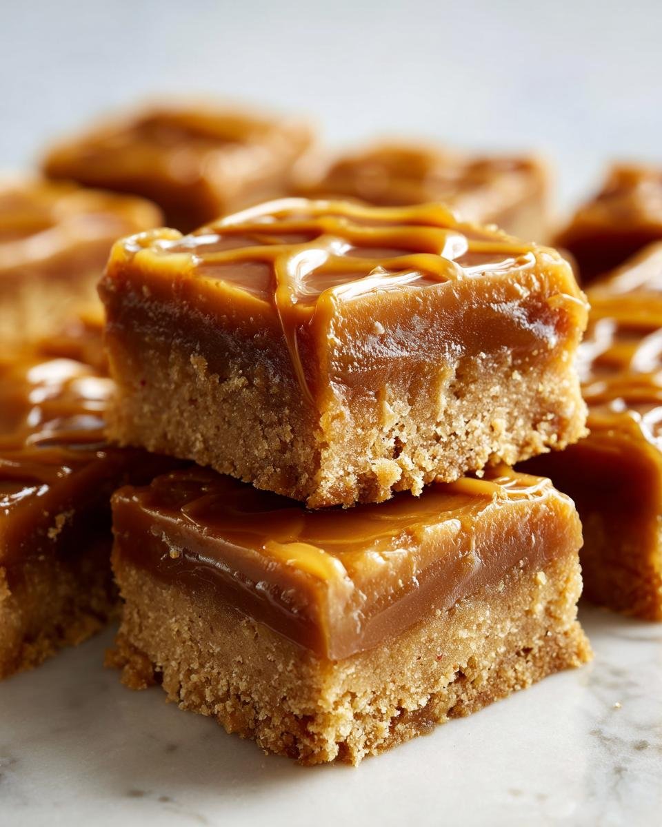 Close-up of two stacked Peanut Butter Caramel Bars topped with a shiny caramel drizzle.