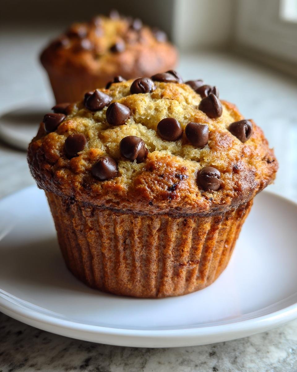 A freshly baked Peanut Butter Chocolate Chip Muffin topped with melted chocolate chips, sitting on a white plate.