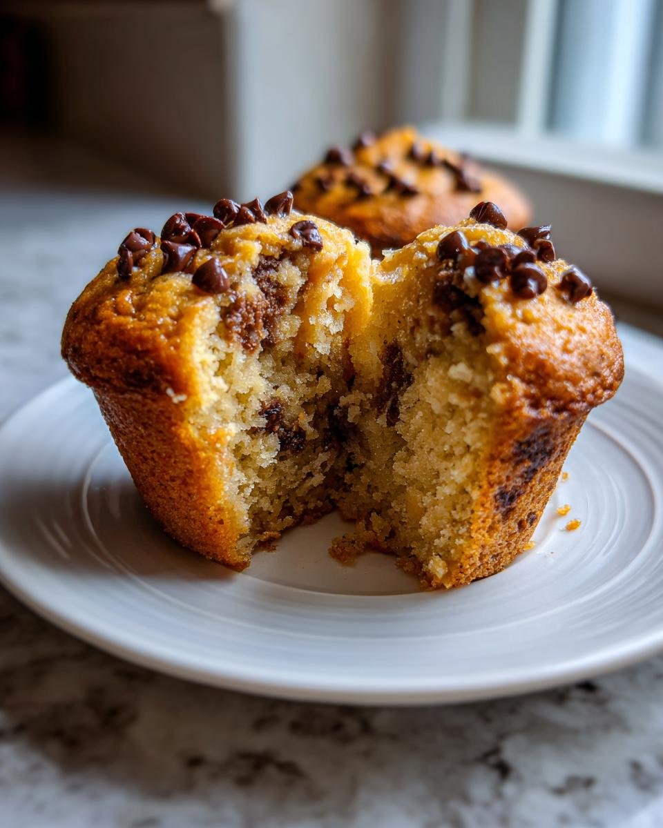 A close-up of a Peanut Butter Chocolate Chip Muffin split in half, showing the moist crumb and melted chips.