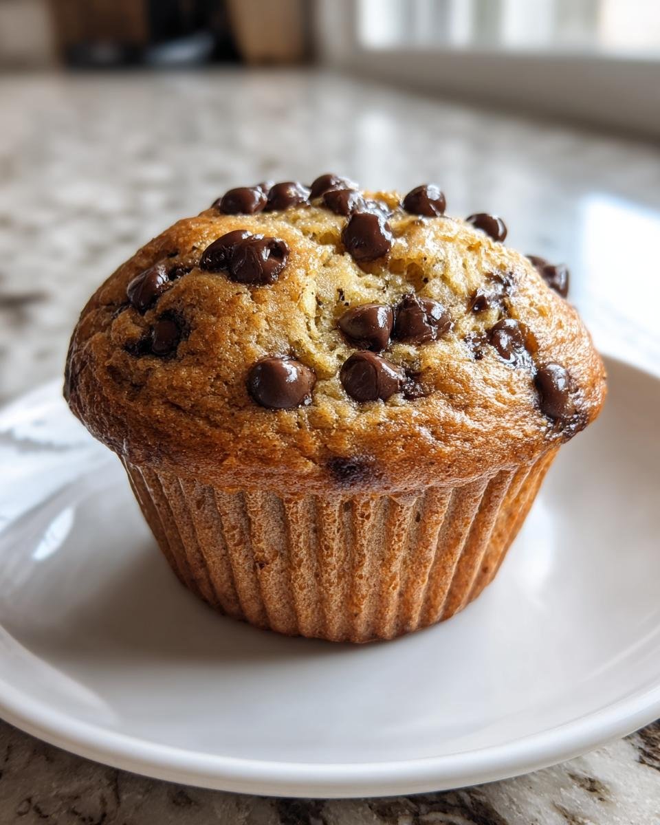 A freshly baked Peanut Butter Chocolate Chip Muffin topped with melted chocolate chips, sitting on a white plate.