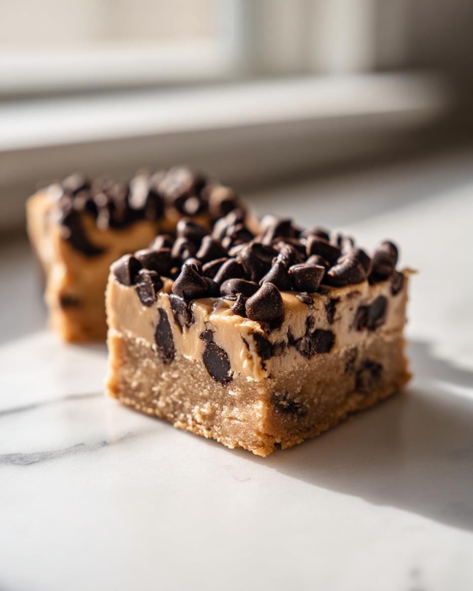 A close-up of a square Peanut Butter Cookie Dough Bars slice topped generously with chocolate chips on a white marble surface.