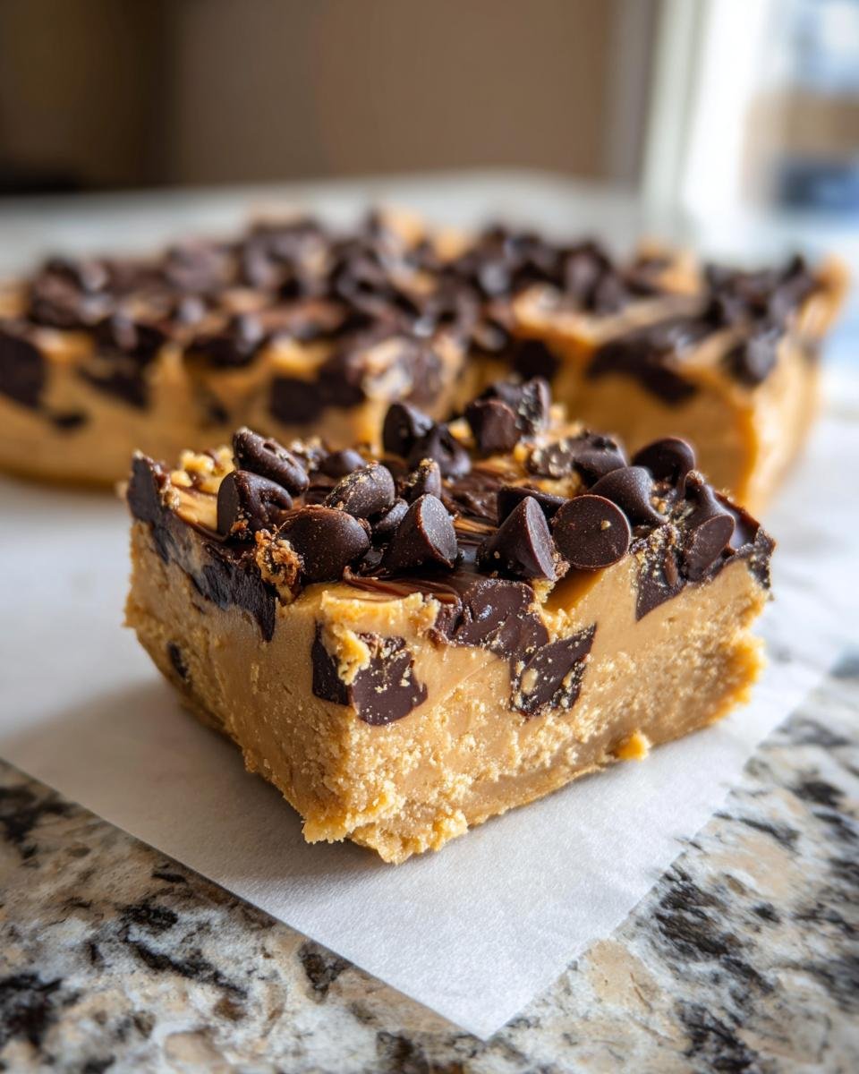 A thick, dense square of Peanut Butter Cookie Dough Bars topped generously with chocolate chips.