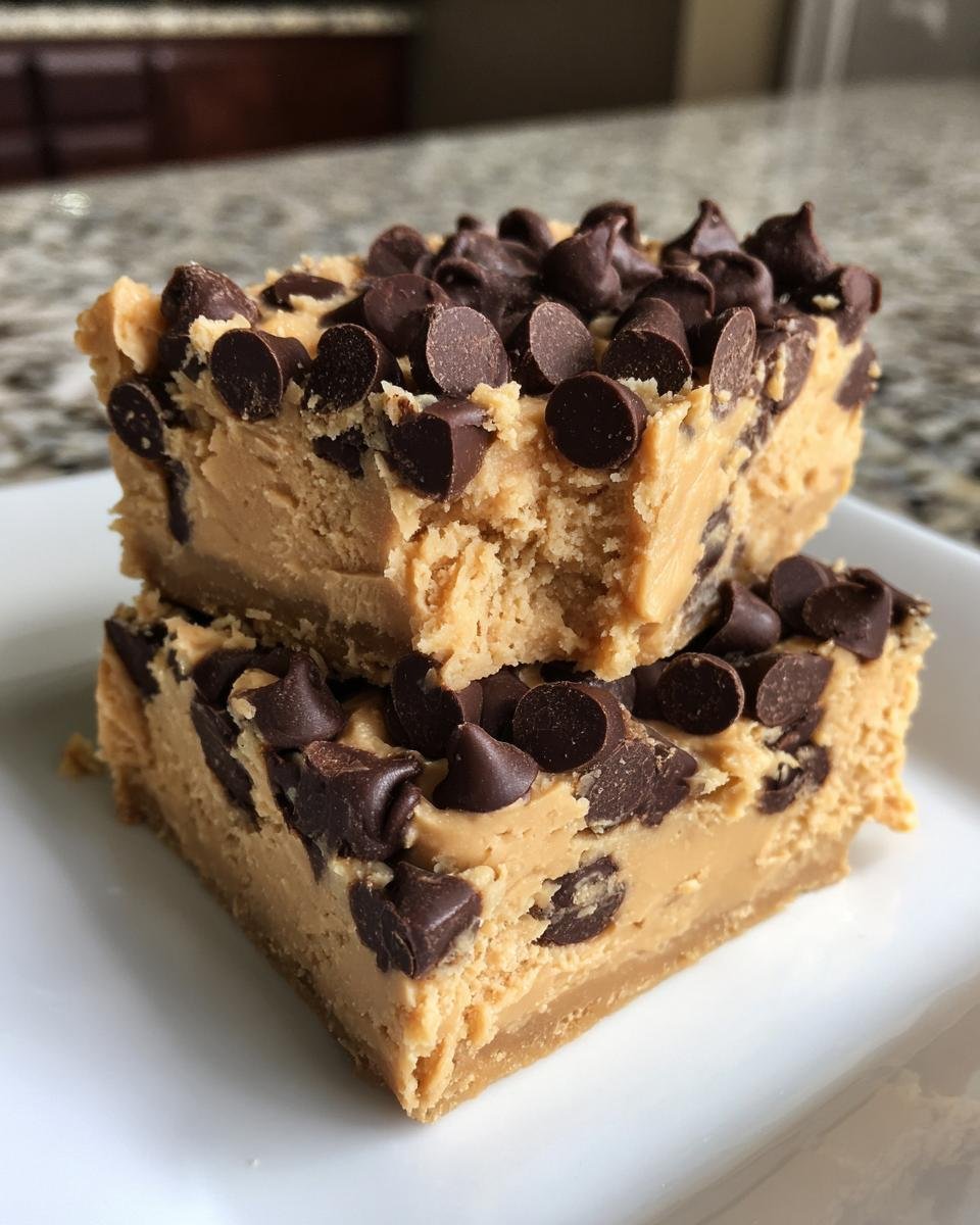 Two stacked squares of rich Peanut Butter Cookie Dough Bars generously topped with semi-sweet chocolate chips.