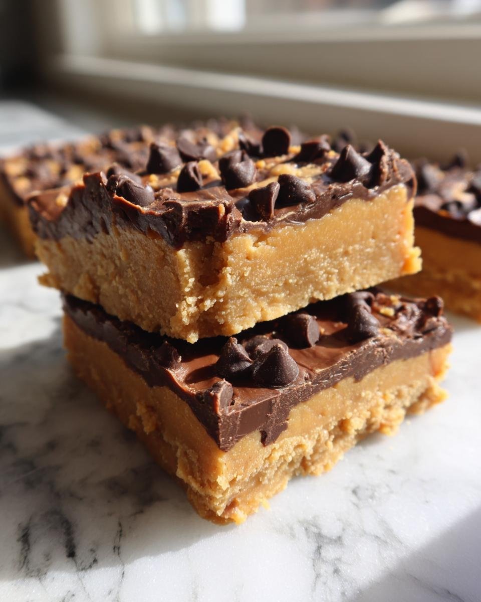 Two stacked Peanut Butter Cookie Dough Bars topped with melted chocolate and semi-sweet chips on a marble surface.