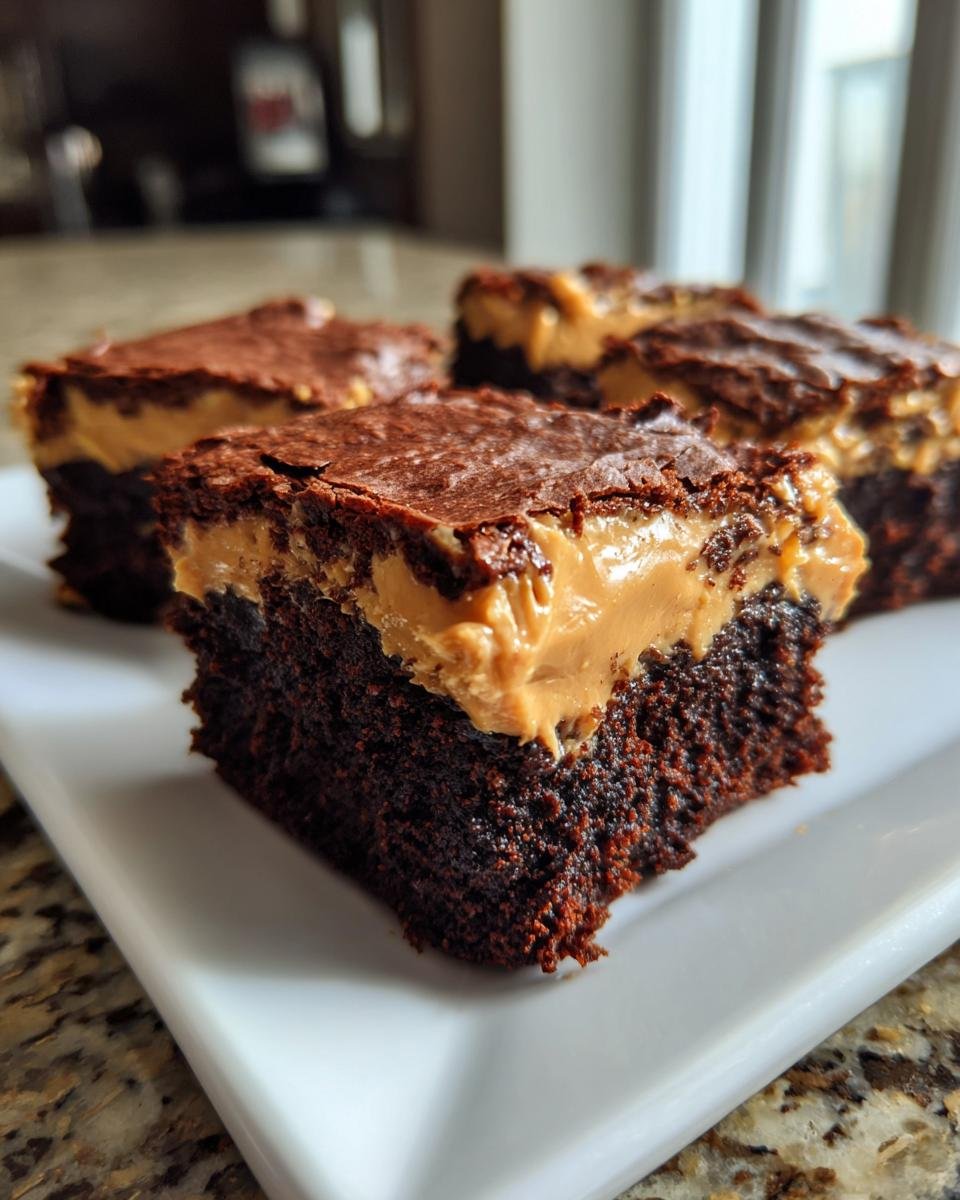 A close-up of fudgy chocolate Peanut Butter Frosted Brownies squares served on a white platter.