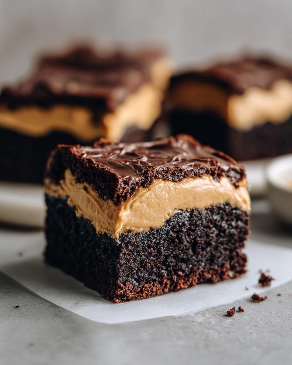 A single square of rich, dark chocolate Peanut Butter Frosted Brownies showing a thick peanut butter layer and chocolate glaze.