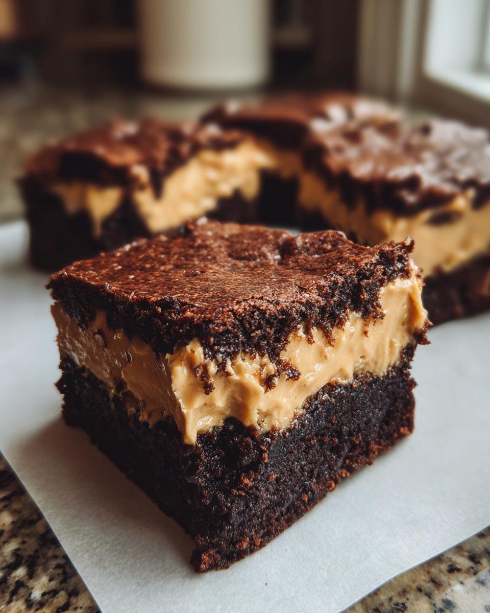 A thick square of rich chocolate Peanut Butter Frosted Brownies showing a dense bottom layer and a creamy peanut butter filling.