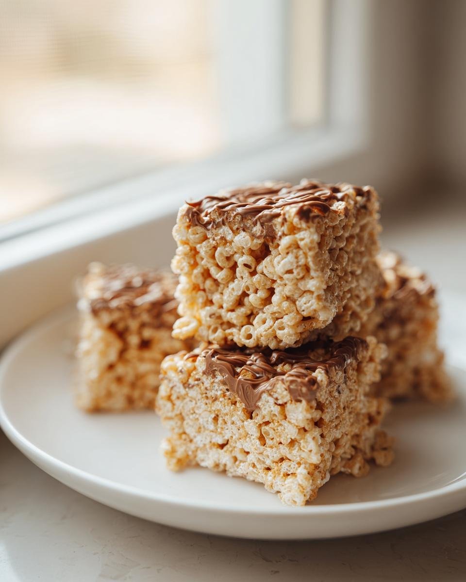 A stack of homemade Peanut Butter Rice Krispies squares drizzled with melted chocolate on a white plate.