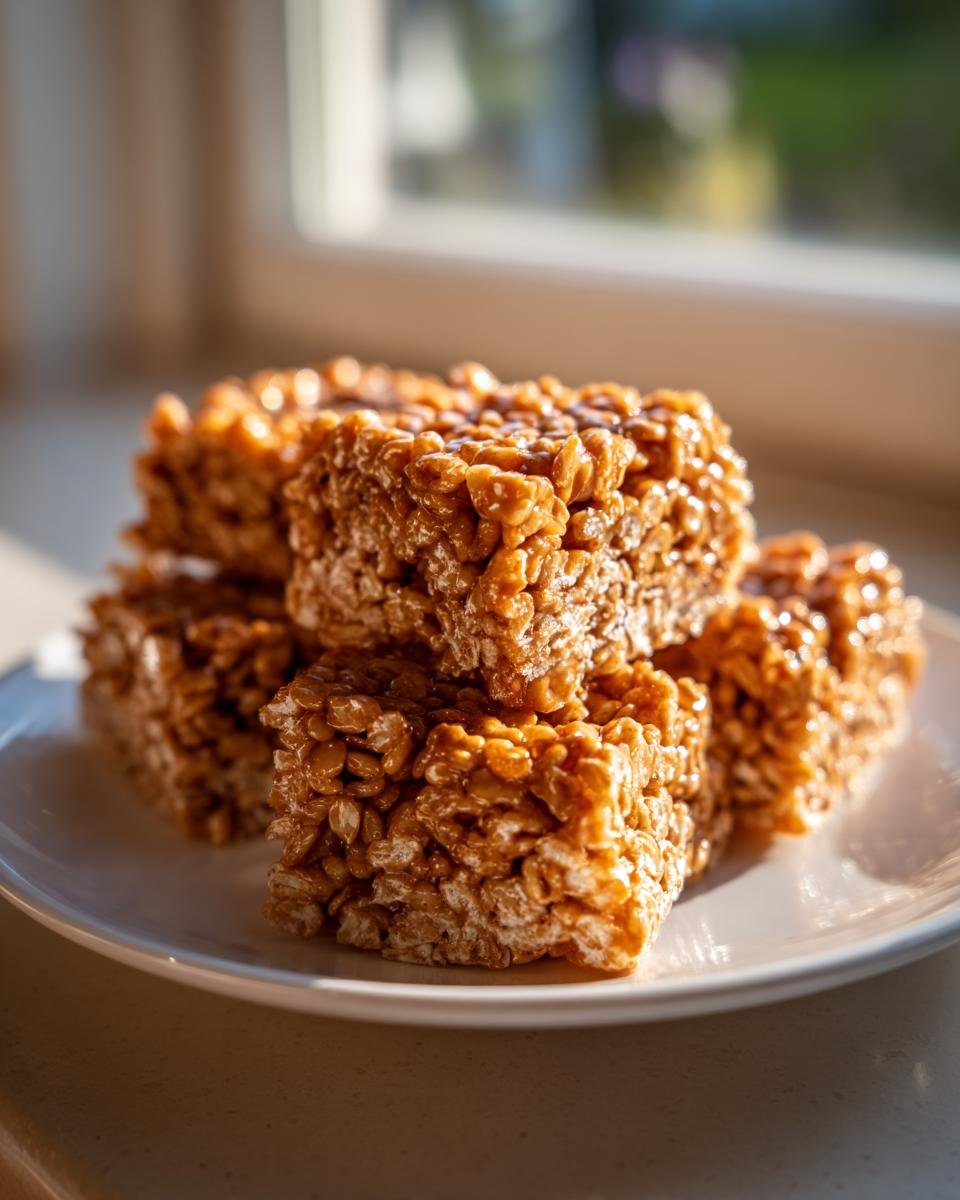 A stack of glossy, golden-brown Peanut Butter Rice Krispies squares piled on a white plate.