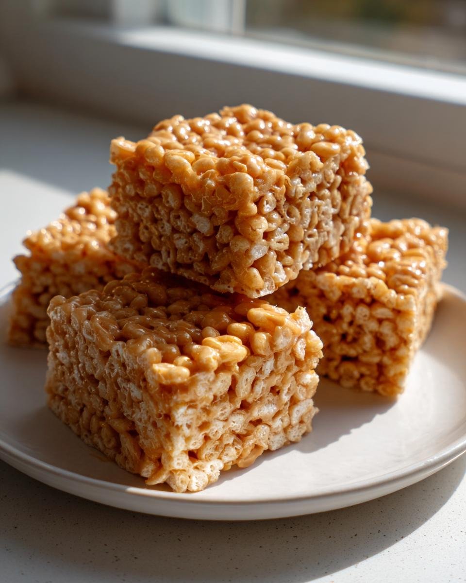 Four thick, square-cut Peanut Butter Rice Krispies treats stacked on a white plate near a window.