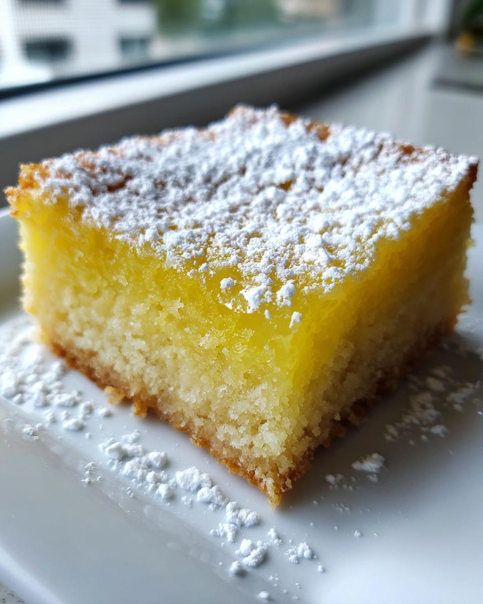 A single, thick square of bright yellow Lemon Bars topped generously with white powdered sugar on a white plate.