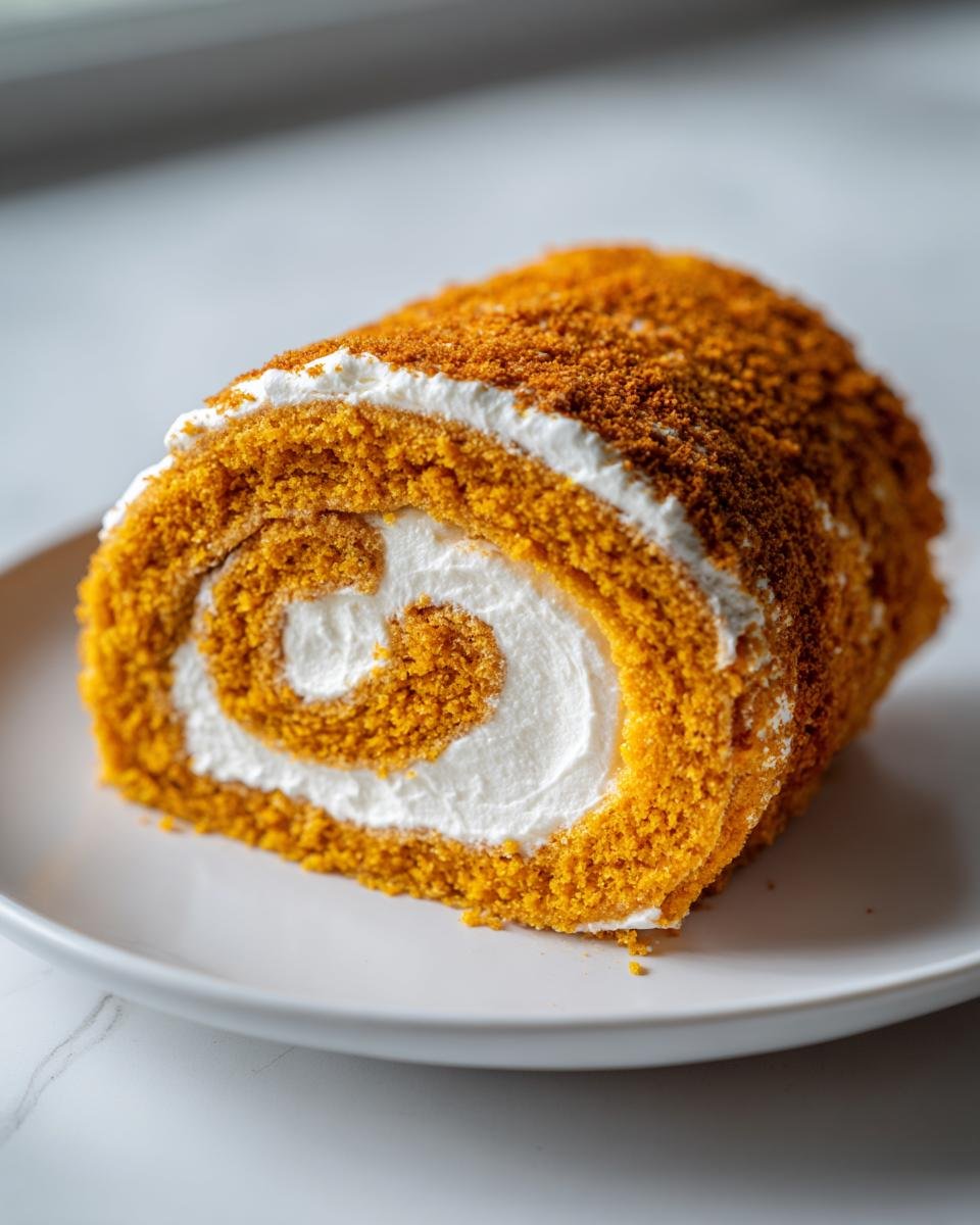 A close-up of a perfect slice of Pumpkin Roll Cake showing the orange cake spiral and white cream cheese filling.