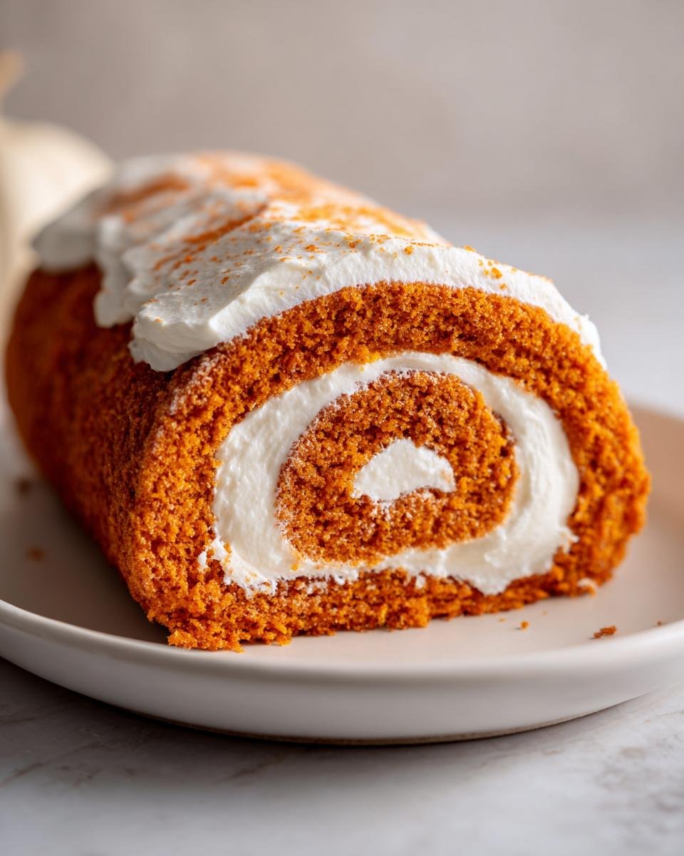 Close-up of a moist slice of Pumpkin Roll Cake showing the orange cake spiraled around white cream cheese filling.