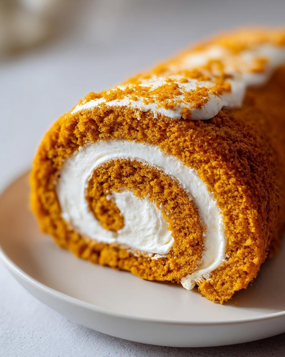 Close-up of a slice of moist Pumpkin Roll Cake showing the perfect swirl of orange cake and white cream cheese filling.