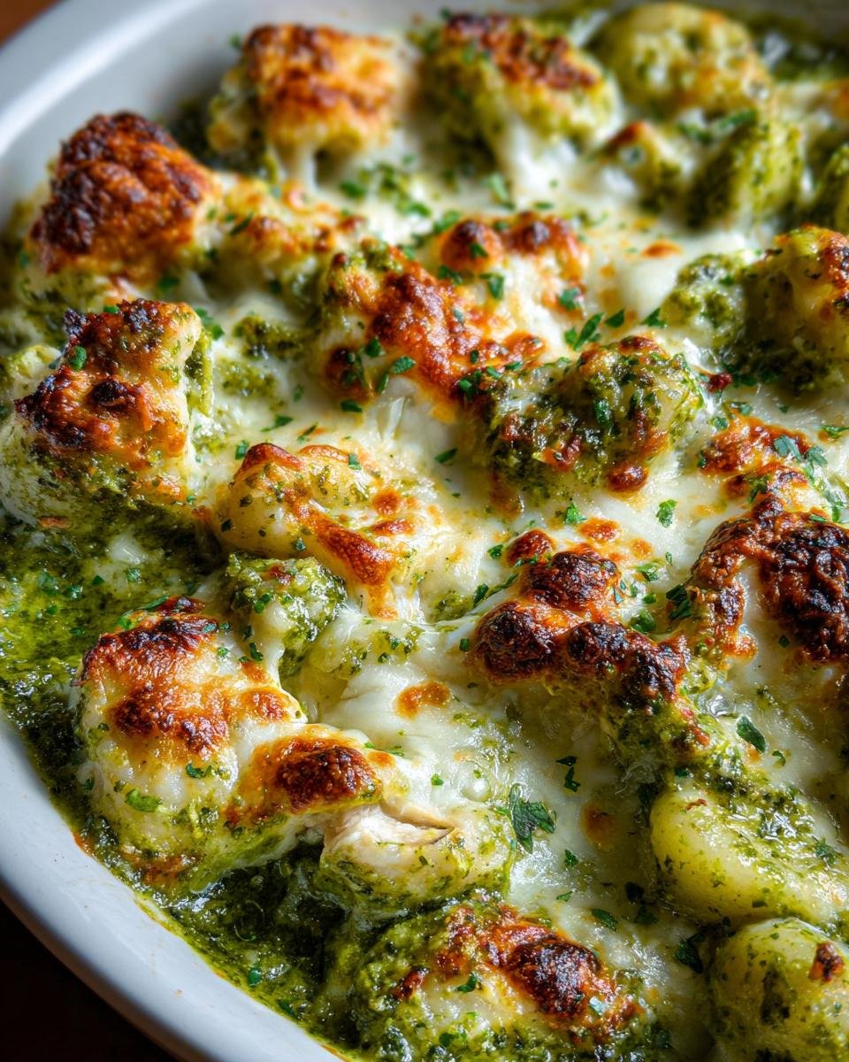 Close-up of baked pesto chicken and gnocchi bake with melted, browned cheese topping.