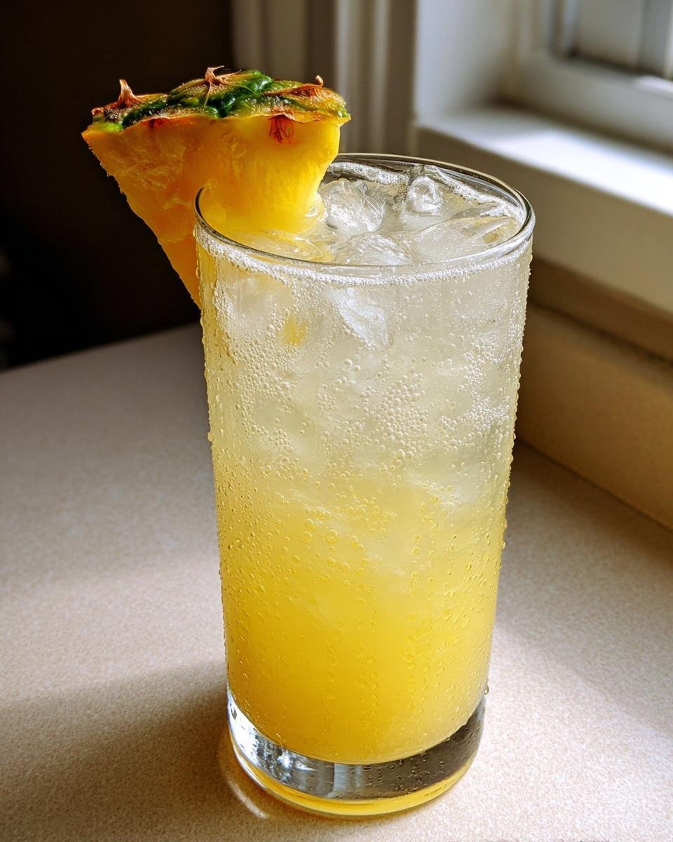 A tall glass of chilled Pineapple Guava Kombucha Lemonade garnished with a pineapple wedge.