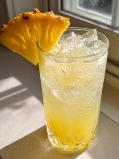 A tall glass filled with fizzy Pineapple Guava Kombucha Lemonade, ice, and garnished with a pineapple slice.