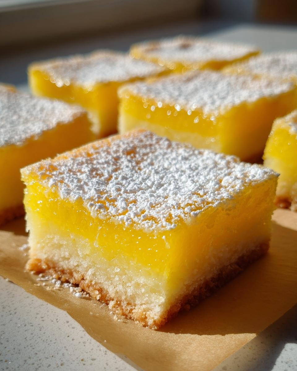 A close-up of a square Lemon Bar topped with powdered sugar, showing the bright yellow filling and crumbly crust.