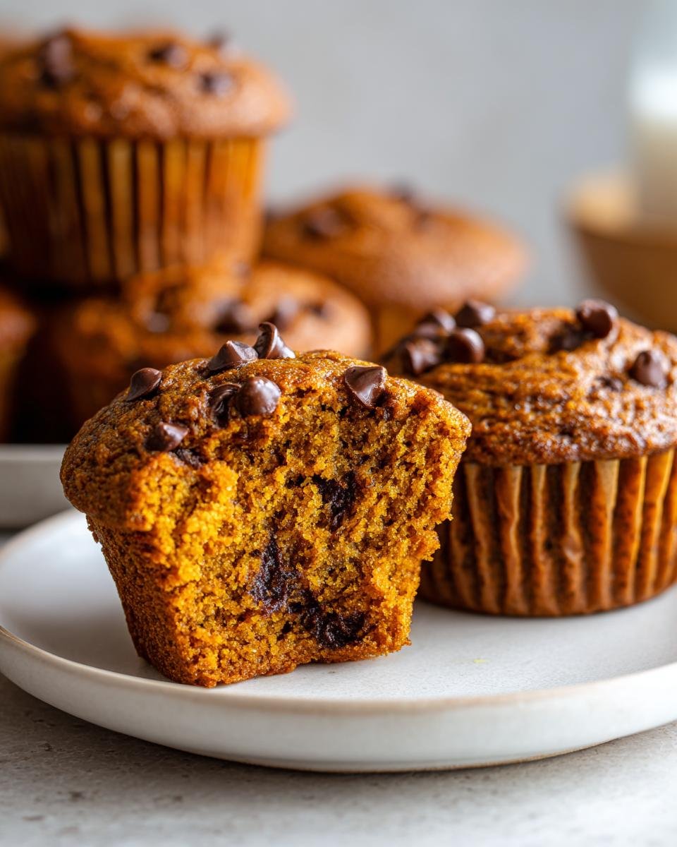 A close-up view of a Pumpkin Chocolate Chip Muffin cut in half, showing the moist, orange interior and melted chocolate chips.