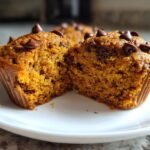 Close-up of a Pumpkin Chocolate Chip Muffin cut in half showing the moist, orange interior and chocolate chips.