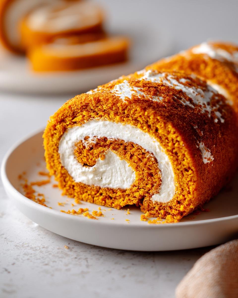 A close-up view of a slice of moist Pumpkin Roll Cake with a thick swirl of cream cheese filling.